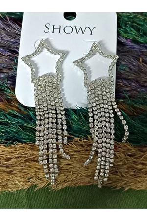 Kristal Taşlı Yıldız Sallantılı Uzun Kadın Abiye Küpe