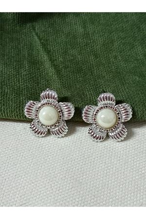 Gümüş Krem Taşlı Çiçek  Şık Kadın Küpe