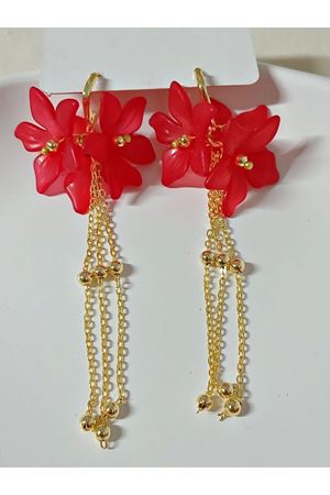 Kırmızı Çiçek Gold Sallantılı Uzun Kadın Küpe