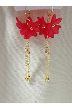 Kırmızı Çiçek Gold Sallantılı Uzun Kadın Küpe
