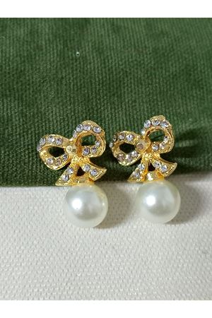 Gold İncili taşlı Fiyonk Tasarım Kadın Küpe