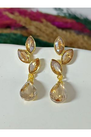 Bal Rengi Gold Kristal Taşlı Yaprak Küpe