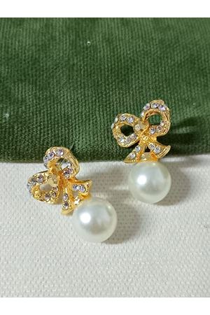 Gold İncili taşlı Fiyonk Tasarım Kadın Küpe