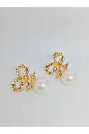 Gold İncili taşlı Fiyonk Tasarım Kadın Küpe