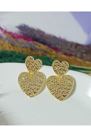 Gold Çift Kalp Abiye Günlük Kadın Küpe
