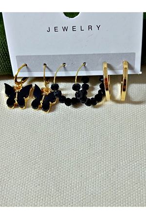 6 Lı Set Siyah Kelebek Boncuklu Halka Kadın Küpe