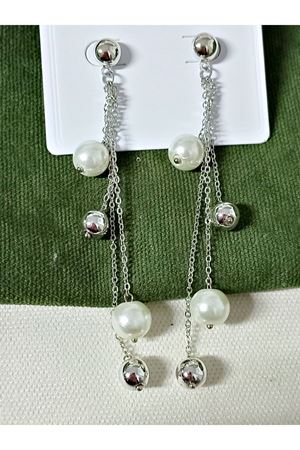 Gümüş Top İnci Sallantılı Uzun Şık Küpe