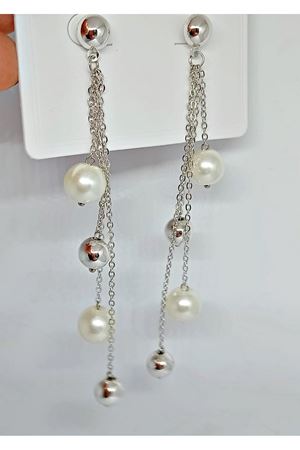 Gümüş Top İnci Sallantılı Uzun Şık Küpe