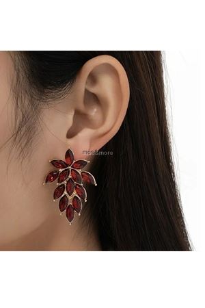 Kırmızı Kristal Taşlı Gold Abiye Şık Kadın Küpe