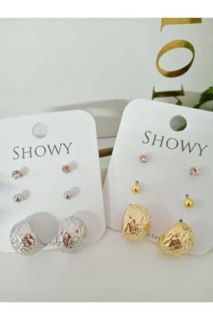 Gold 3 Lü Tasarım Kadın Küpe Seti