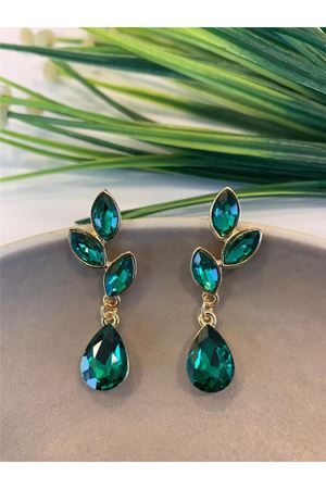 Yeşil Gold Kristal Taşlı Yaprak Küpe