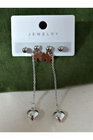 Gümüs 4 Lü Set Kalp Uçlu Sallantılı Küpe Seti