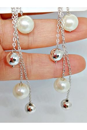 Gümüş Top İnci Sallantılı Uzun Şık Küpe