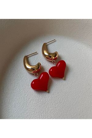 Çelik Kırmızı Kalp  Damla Gold Kadın Küpe