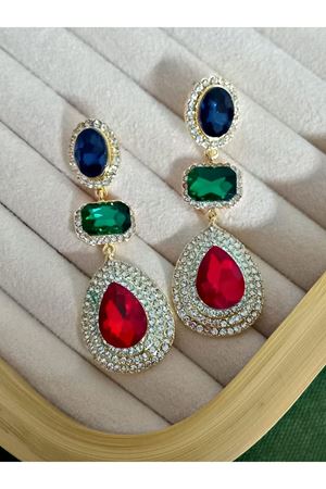 Zirkon Taşlı Kırmızı Yeşil Mavi Abiye Kadın Küpe