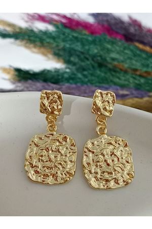 Gold Sallantılı Kare Form Tasarım  Kadın Küpe