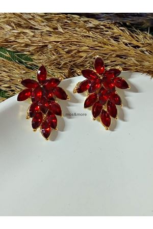 Kırmızı Kristal Taşlı Gold Abiye Şık Kadın Küpe