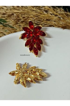 Kırmızı Kristal Taşlı Gold Abiye Şık Kadın Küpe