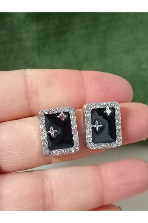 Gümüş Siyah Mineli Minimal Kuzey Yıldızı Kadın Küpe