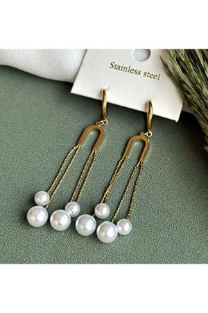 Çelik İncili Uzun Tasarım Kadın Küpe