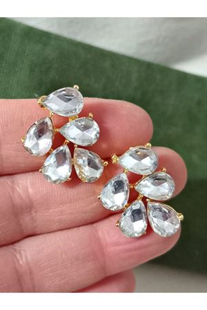 Beyaz  Gold Kristal Taşlı Yaprak Küpe Abiye Günlük