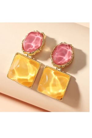 Asimetrik Sarı Pembe 4 Mevsimlik Gold Kadın Küpe