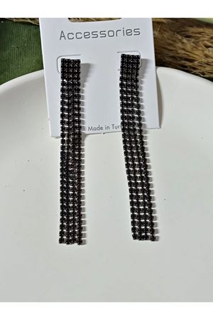 Siyah Taşlı 9cm Sallantılı Uzun Kadın Abiye Küpe-4 Şeritli