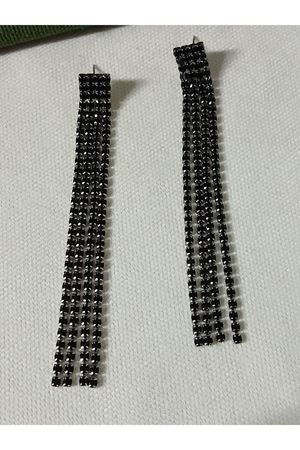 Siyah Taşlı 9cm Sallantılı Uzun Kadın Abiye Küpe-4 Şeritli