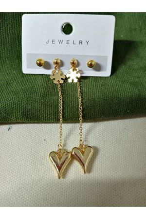 Gold 4 Lü Set Kalp Uçlu Sallantılı Küpe Seti