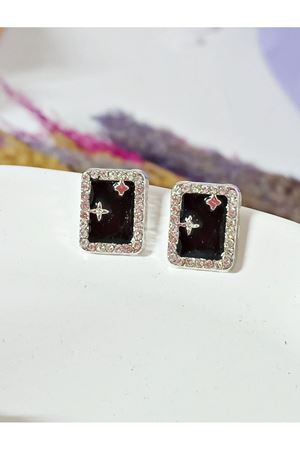 Gümüş Siyah Mineli Minimal Kuzey Yıldızı Kadın Küpe