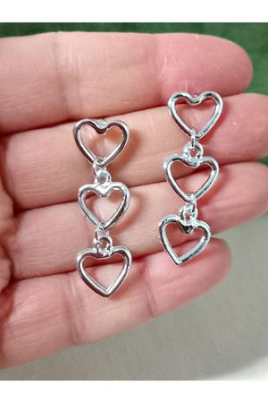 Gümüş Üç Sıralı Kalp Hafif  Kadın Küpe