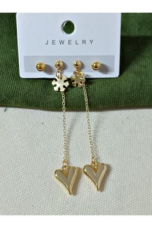 Gold 4 Lü Set Kalp Uçlu Sallantılı Küpe Seti