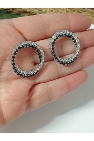 Siyah Beyaz Kristal Taşlı Halka Kadın Abiye Küpe Çap.2,5cm