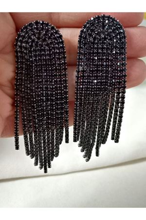 Siyah Taşlı Sallantılı Işıltılı Uzun Kadın Abiye Küpe, Püskül Küpe, Suyolu