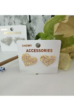 Zirkon Kristal Taşlı Kalp Gold Renk Küpe