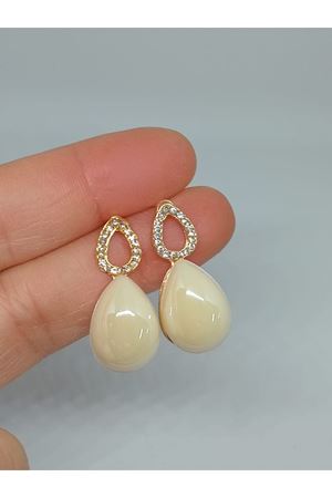 Ekru Taşlı Damla Gold Kadın Küpe