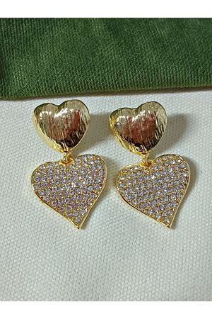 Gold Çift Kalp Zirkon Taşlı Abiye Günlük Kadın Küpe