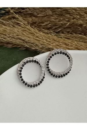 Siyah Beyaz Kristal Taşlı Halka Kadın Abiye Küpe Çap.2,5cm