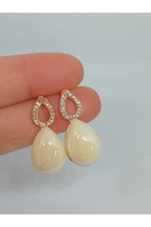 Ekru Taşlı Damla Gold Kadın Küpe