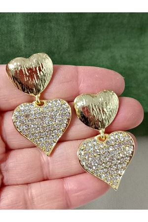 Gold Çift Kalp Zirkon Taşlı Abiye Günlük Kadın Küpe