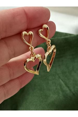 Gold Çift Kalp Sallantılı Şık Kadın Küpe