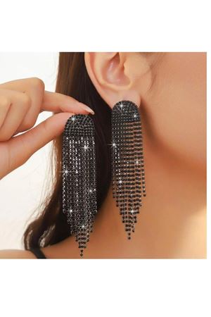 Siyah Taşlı Sallantılı Işıltılı Uzun Kadın Abiye Küpe, Püskül Küpe, Suyolu