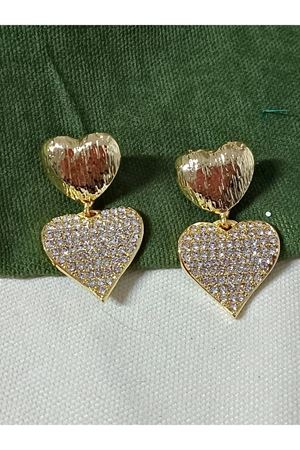 Gold Çift Kalp Zirkon Taşlı Abiye Günlük Kadın Küpe