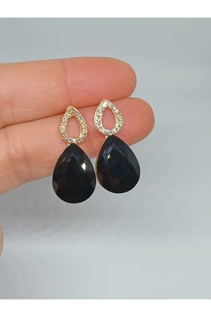 Siyah Taşlı Damla Gold Kadın Küpe