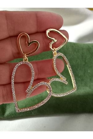 Gold Kristal Taşlı Çift Kalp Kadın Abiye Küpe,suyolu