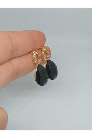 Siyah Taşlı Damla Gold Kadın Küpe