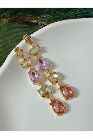Pembe Zirkon Taşlı  Sallantılı Uzun Abiye Kadın Küpe