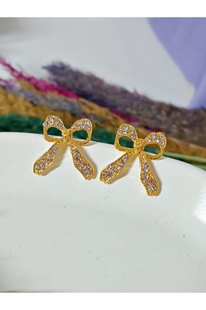 Gold Taşlı Fiyonk Tasarım Küçük Kadın Küpe