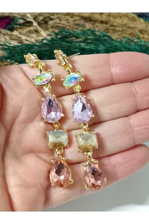 Pembe Zirkon Taşlı  Sallantılı Uzun Abiye Kadın Küpe