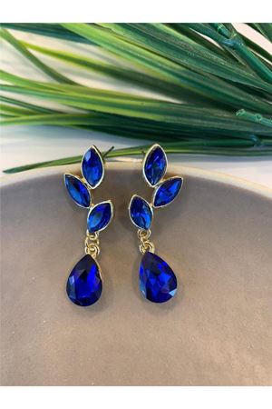 Lacivert Gold Kristal Taşlı Yaprak Küpe